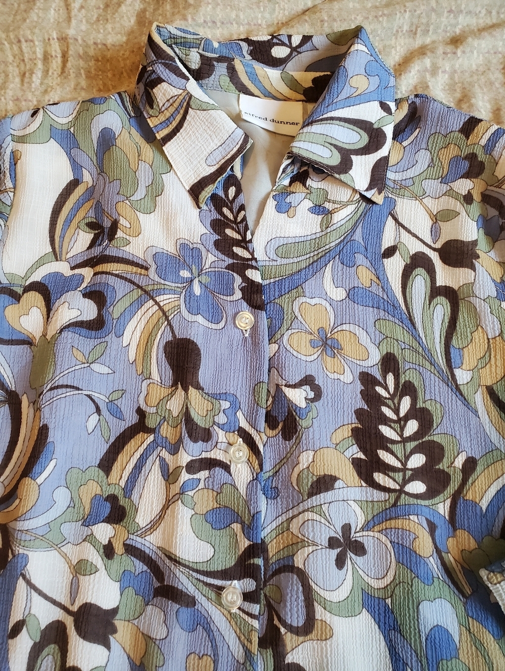 Alfred Dunner Womens Sheer Blouse Vintage Blue & Tan Floral Paisley Sz 14 - Picture 3 of 9